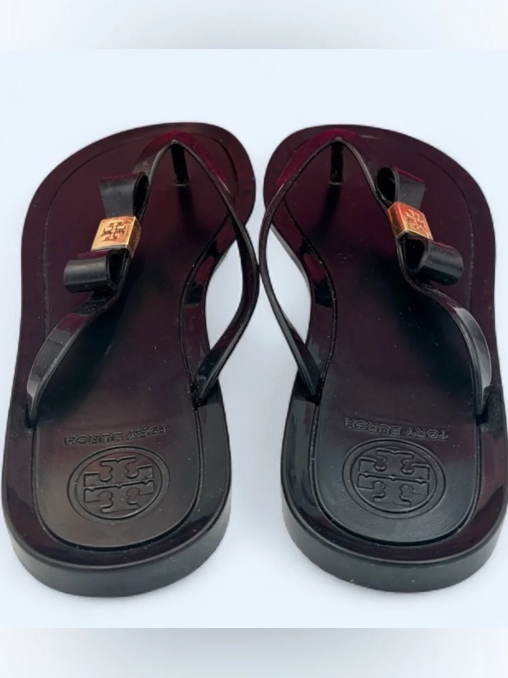 Tory Burch Jelly Bow Flip Flop Sandals Black Gold Logo Womens 6 Unworn Y2K